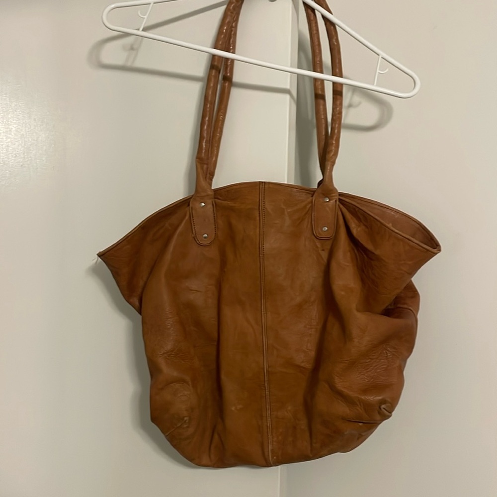 Soft brown real leather hobo tote, unbranded.